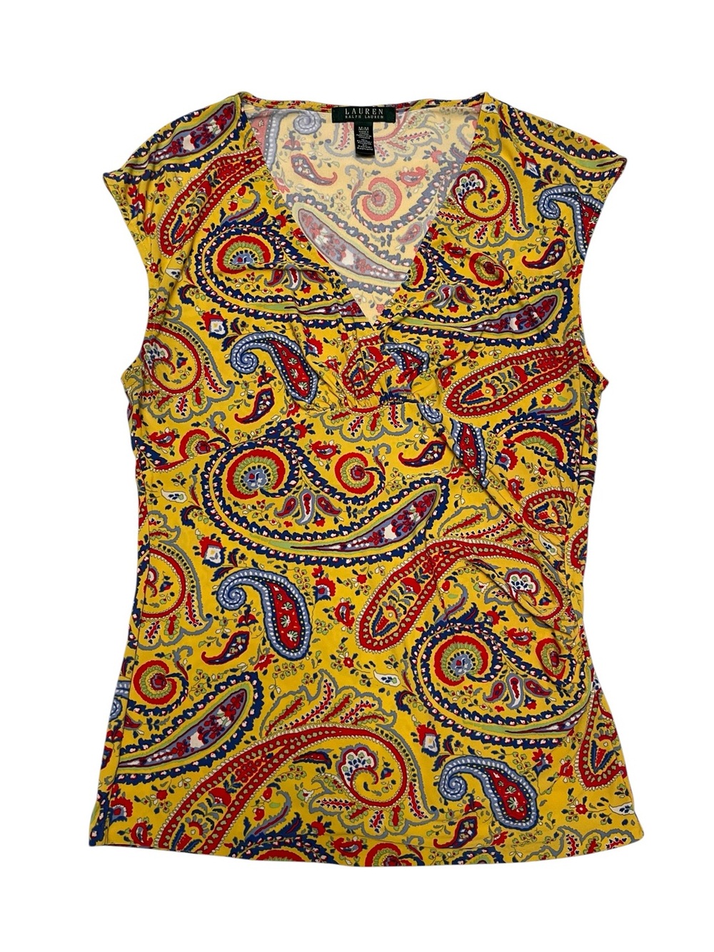 Lauren Ralph Lauren Yellow Paisley Print  Knit V-Neck Tank Top Summer Essential